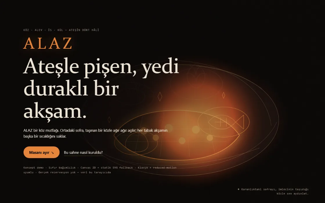 Alaz köz-tadım gecesi: karanlık sofrada imleçle aydınlanan köz halkası.